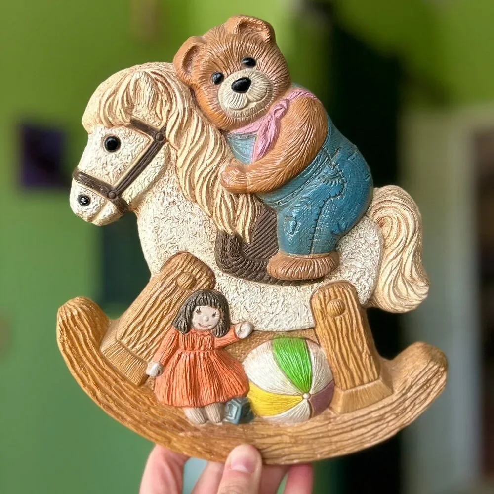VTG Teddy Bear On Rocking Horse Textured 3D Painted Wall Sign Decor